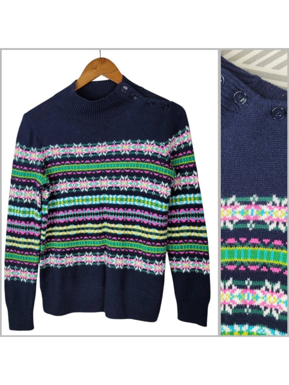 Talbots Nordic Icelandic Sweater Sz Small Petite wool Blend Pullover Neon Navy